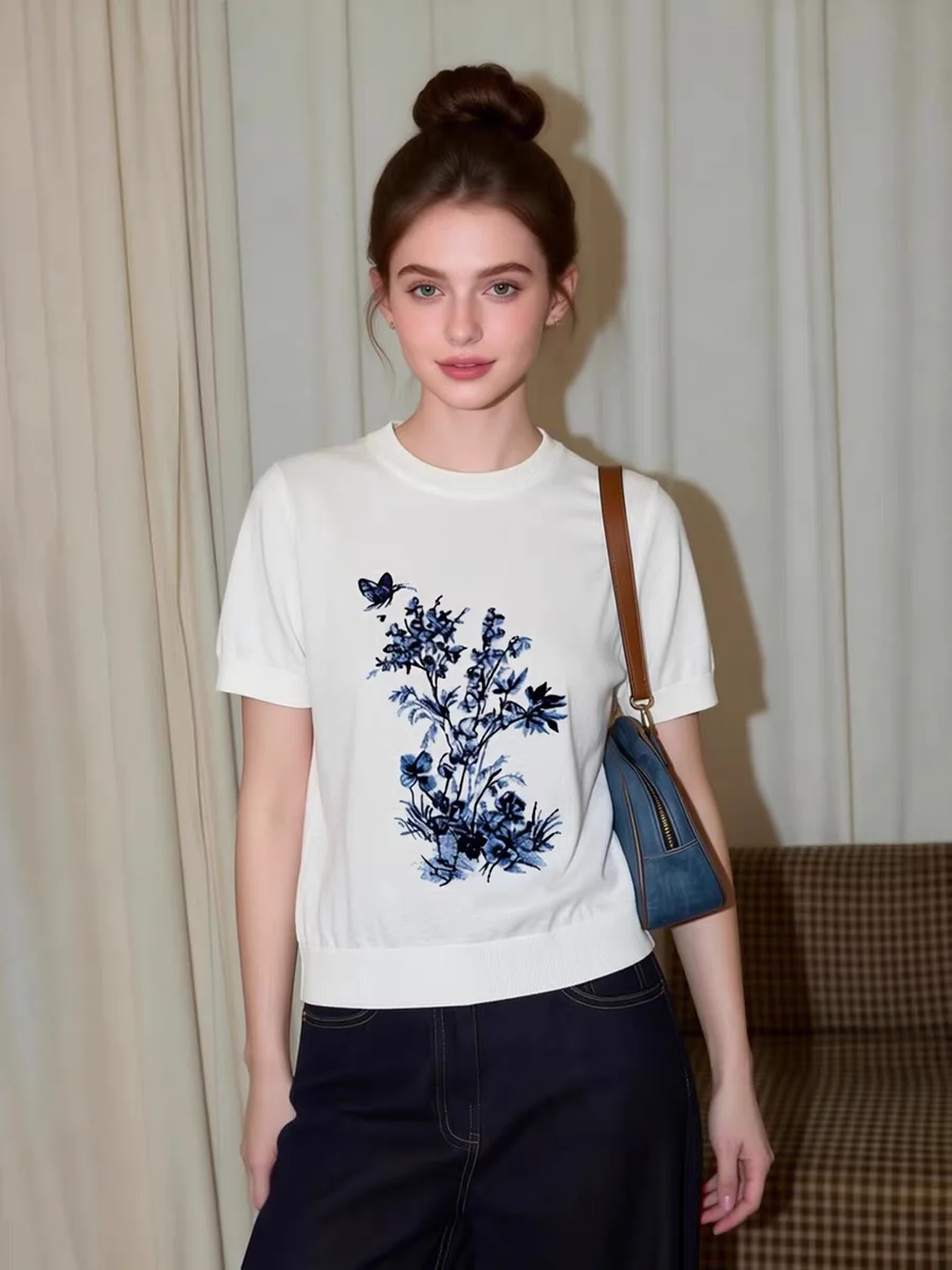 

Весенне-летняя женская высококачественная трикотажная футболка с коротким рукавом, вышивкой бабочек и цветов, круглым вырезом, элегантная повседневная модель