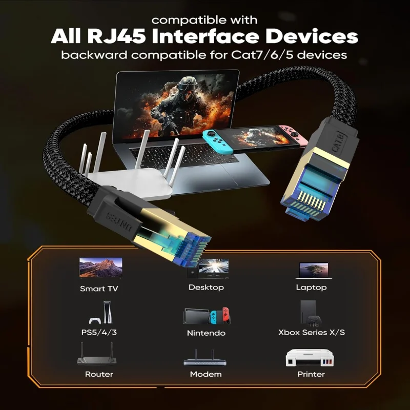 كابل إيثرنت UNTES Cat 8 Cat6، سلك شبكة مضفر عالي السرعة 40 جيجابت في الثانية 2000 ميجا هرتز Cat8 RJ45 كابلات LAN داخلية شديدة التحمل