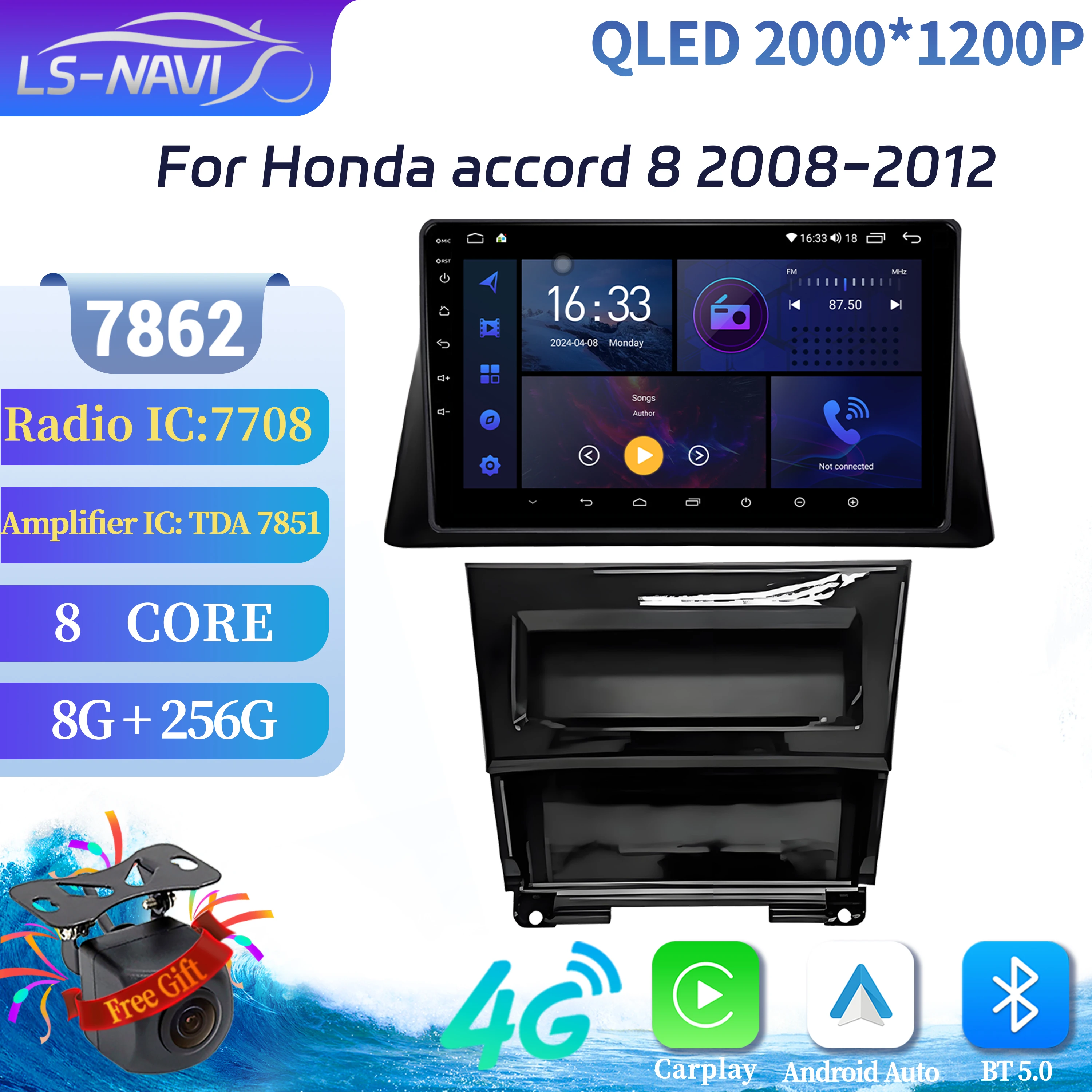 

For Honda accord 8 2008-2012 Car Radio Multimedia Navigation 4G GPS Wireless Android 14 CarPlay Head Unit Stereo 2K QLED Screen