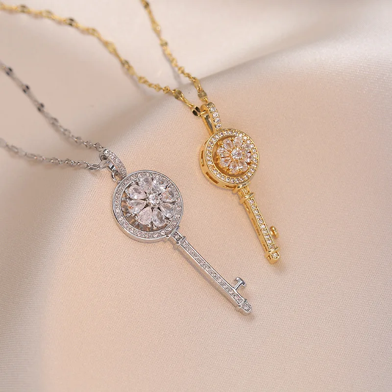 Stainless Steel White CZ Crystal Key & Lock Charm Pendant Necklaces Bohemia Heart Link Chain Necklace For Women view 4