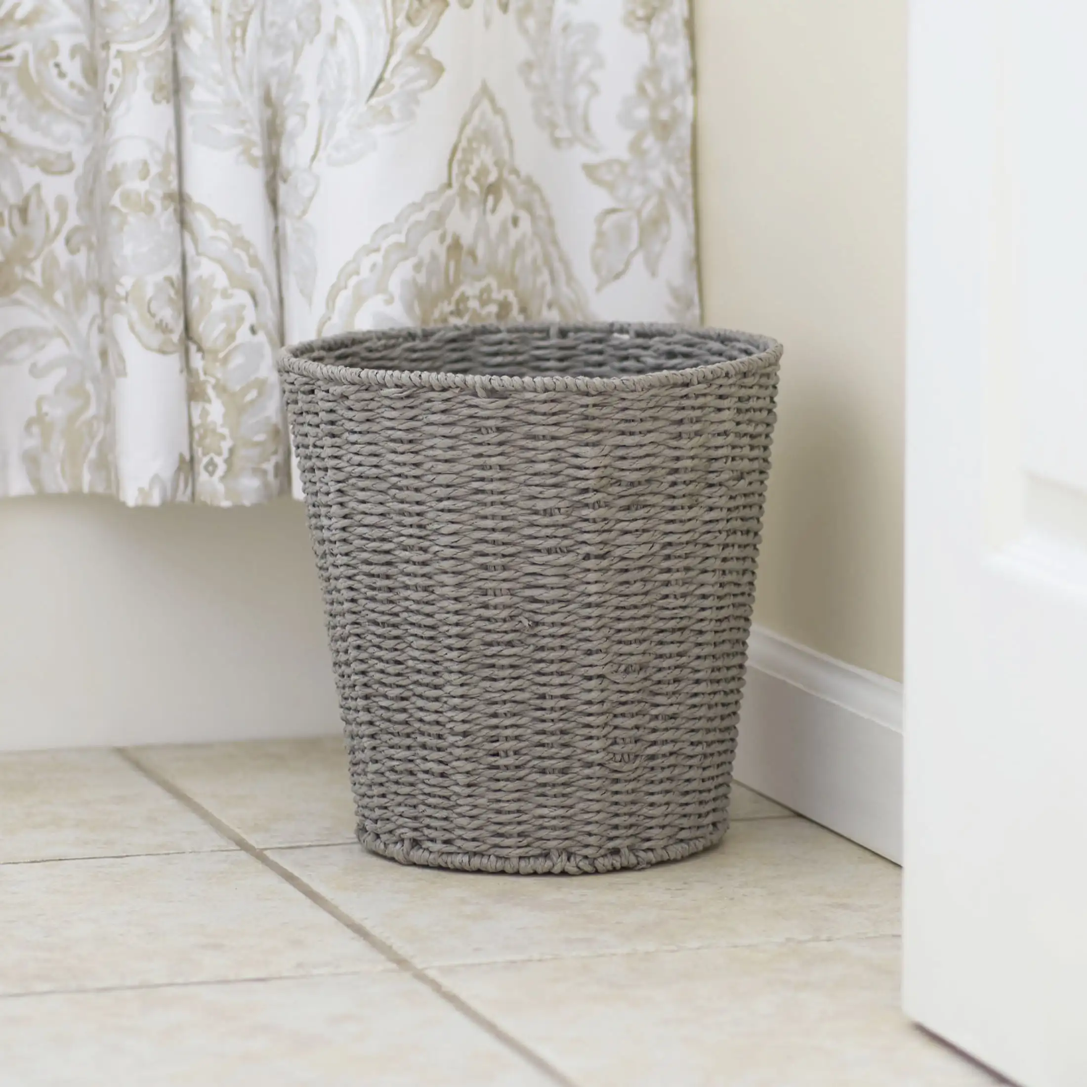 Woven Waste Basket, Gray Paper Rope Waste Bin for Bathroom, Bedroom, Office Perfect trash can For the bedroom