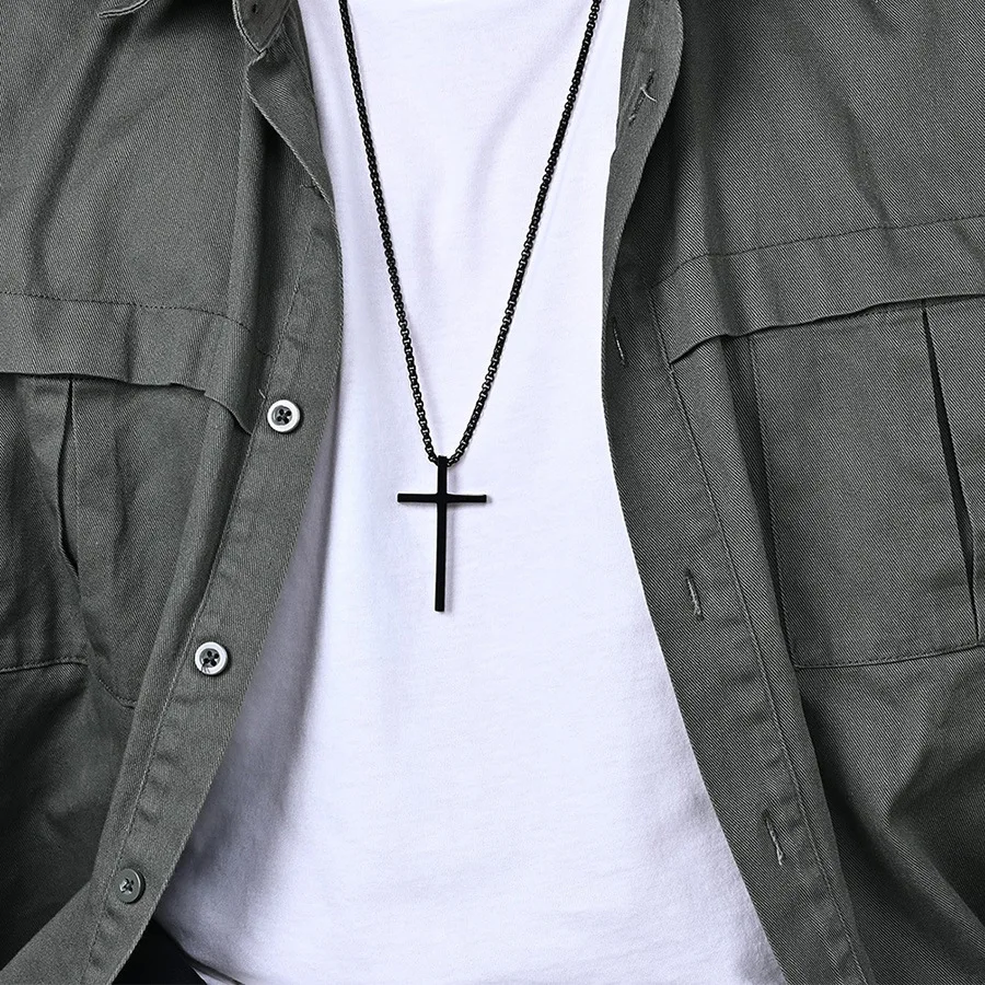 2 Stück goldfarbene Kreuzanhänger-Halsketten-Set für Herren, Edelstahl, gedrehte Seilboxkette, Choker, Damen, Punk, Modeschmuck – Detail 5