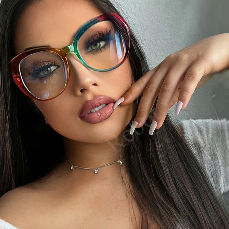 Fashion Oversized Oval Glasses Frame Unique Rainbow Blue Light Blocking Color Eyeglasses For Women Clear Optical Eyewear