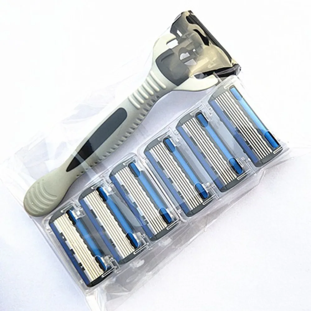 6-Layers Shaver Razor=(1 Razor Holder + 7 Blades Head) Cassette Shaving Razor Set Blue Body Face Hair Removal Knife Women Men