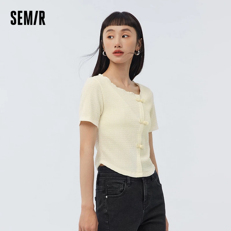 Semir Long Sleeve T-Shirt Women Short Slim Sweet And Cool Little Man 2023 Spring New National Style Button Texture Top