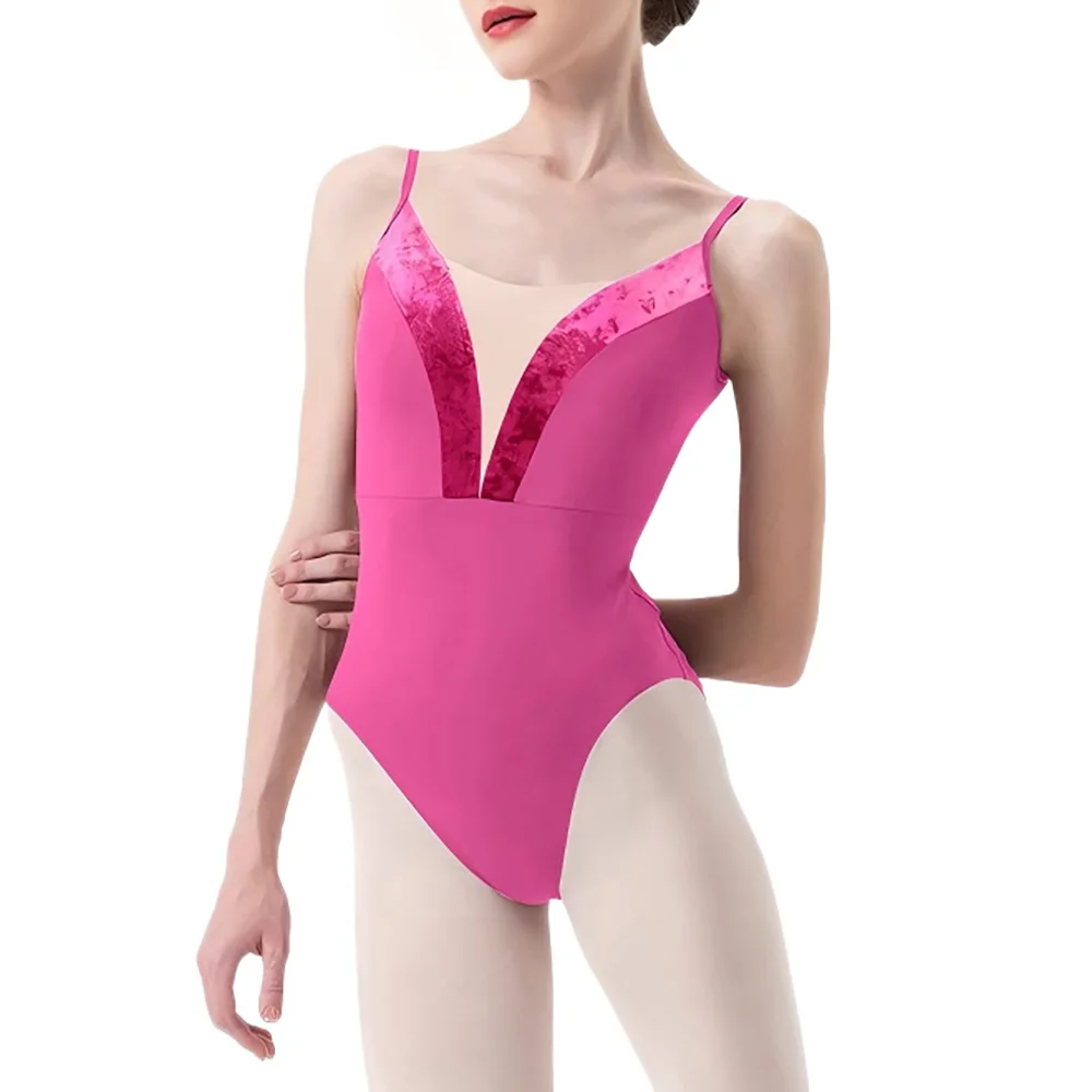 Spliced Velvet Ballet Leotard Adjustable Spaghetti Strap Low Back Ruched Gymnastics Training Bodysuit for Female Dancers