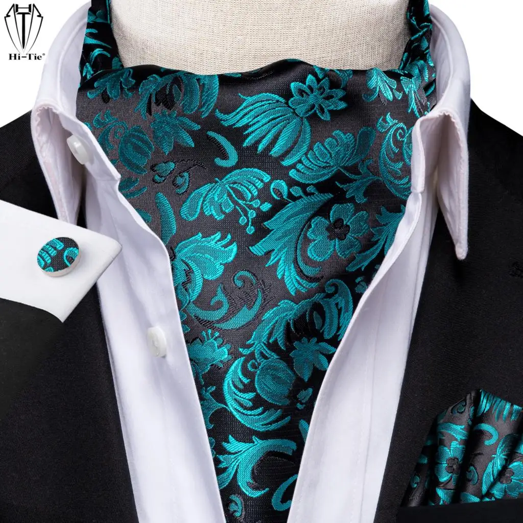 

Hi-Tie бренд Teal Silk мужские Ascots Hanky запонки набор жаккардовый цветочный британский стиль винтажный галстук для мужчин Свадебный выпускной