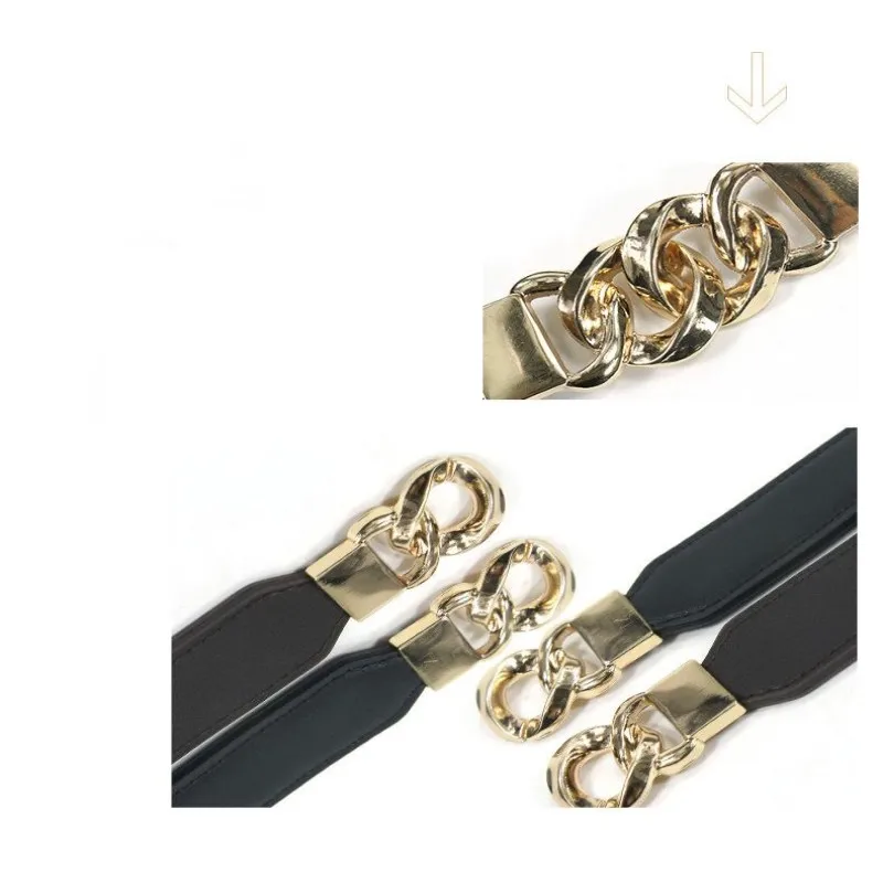 Golden round buckle elastic waistband suitable for matching dresses, shirts, long coats, etc