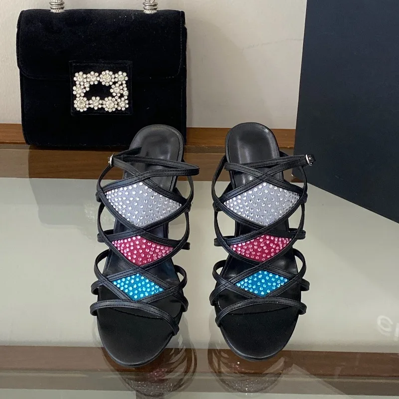New Women's Three-color Rhinestone Thin Strip Hollow Sandals Open-toed High-heeled Sandals Banquet Shoes Dress Shoes Size 35-42 - view 5