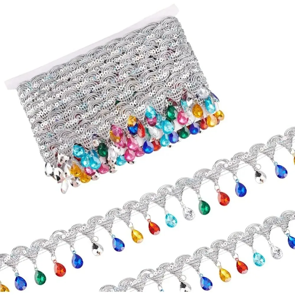 

9,8 ярда/9 м, подвесные бусины, бахрома, кружевная лента шириной 1–7/8 дюйма со стразами, лента с блестками и цветным фуром