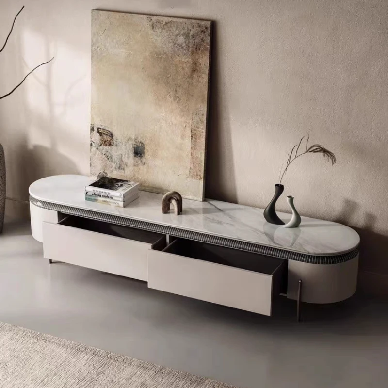 

Светлая роскошная мраморная подставка для телевизора в европейском стиле, современный минимализм, микролитовая столешница, ТВ-шкаф, мебель для гостиной, круглый угол