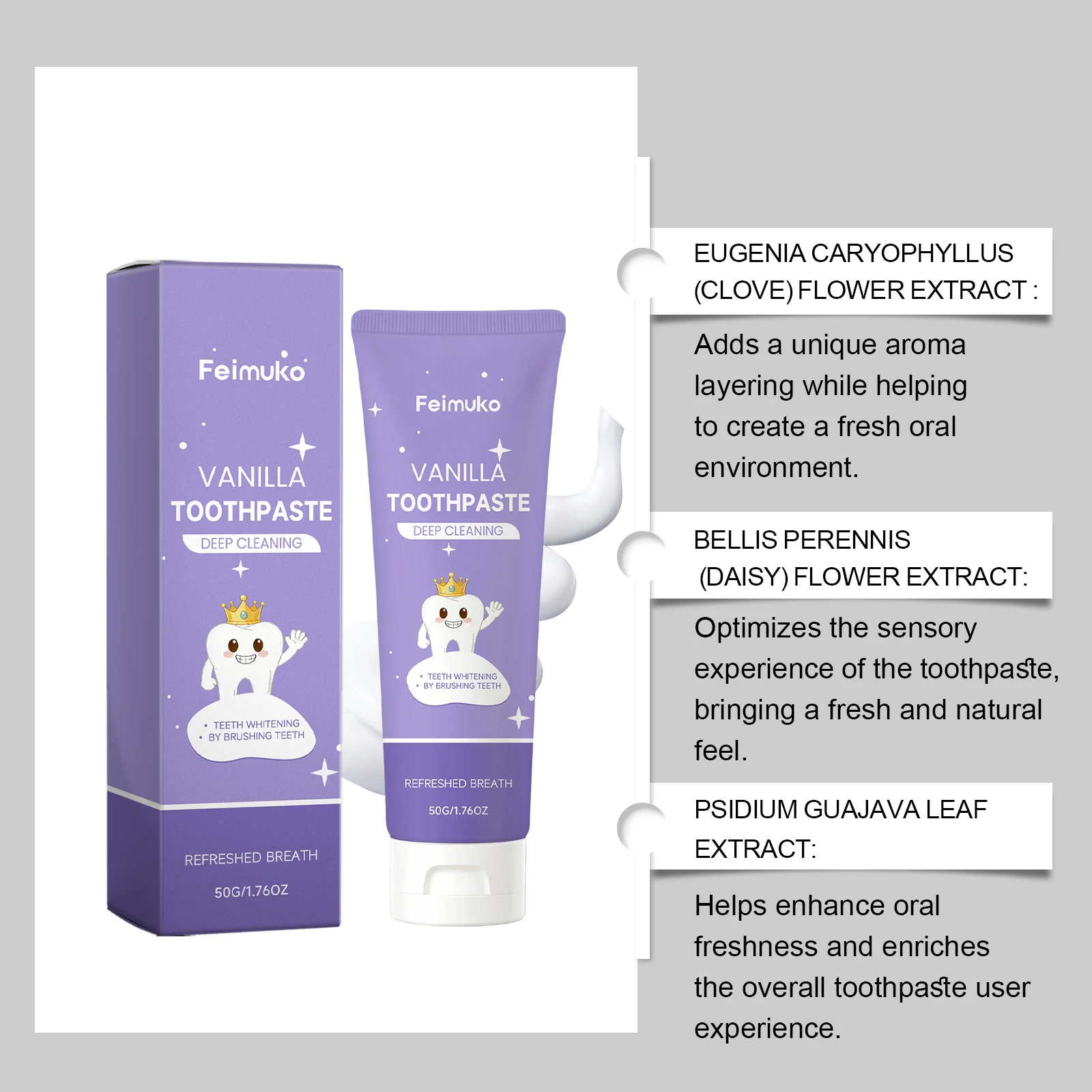 Feimuko 50g Vanilla-Flavored Toothpaste Remover for Yellow Teeth Plaque Removal Fresh Breath Gum Protection Oral Care