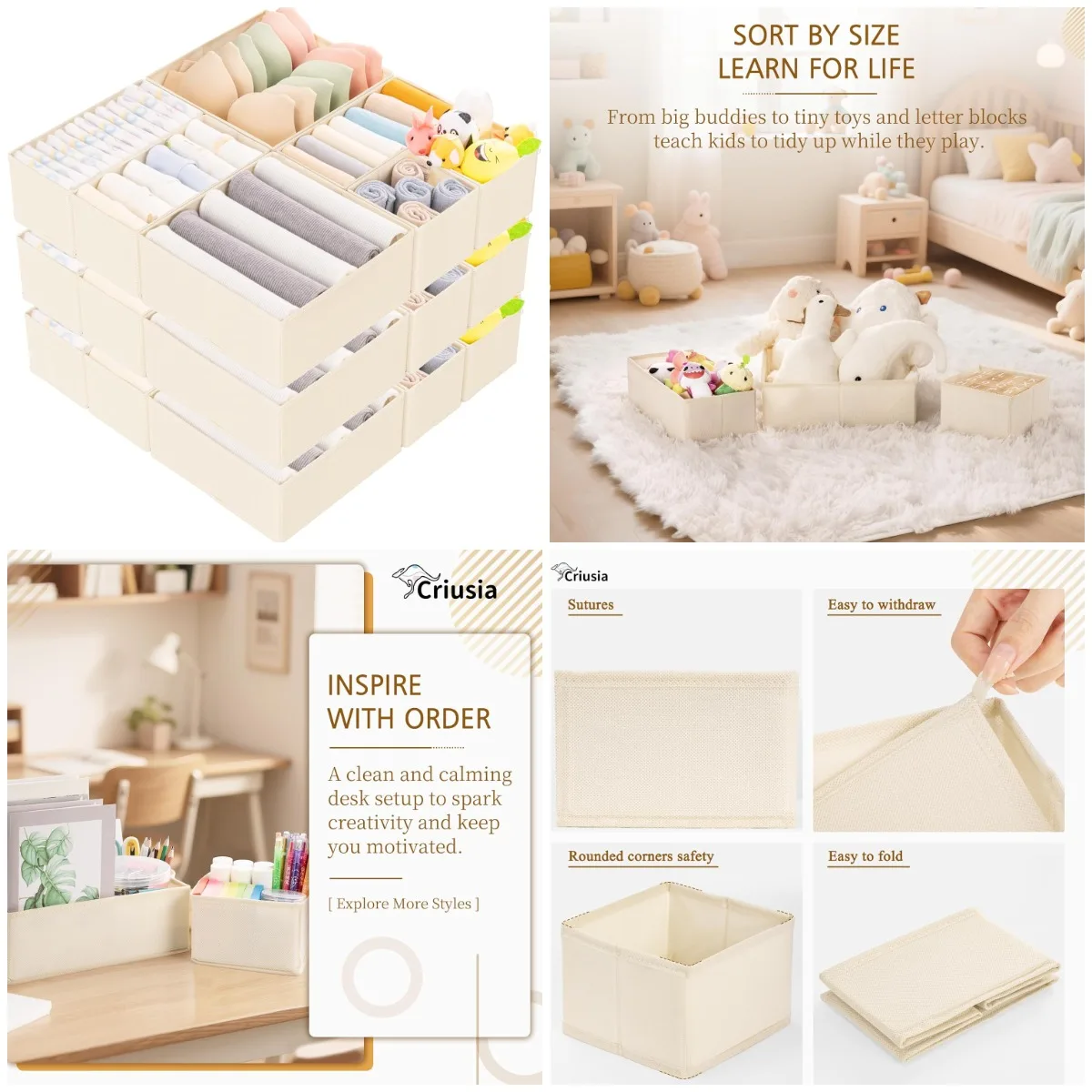 

15 Pack Drawer Organizer for Clothes, Foldable Dresser Dividers with 3 Sizes, Fabric Storage Bins – Beige