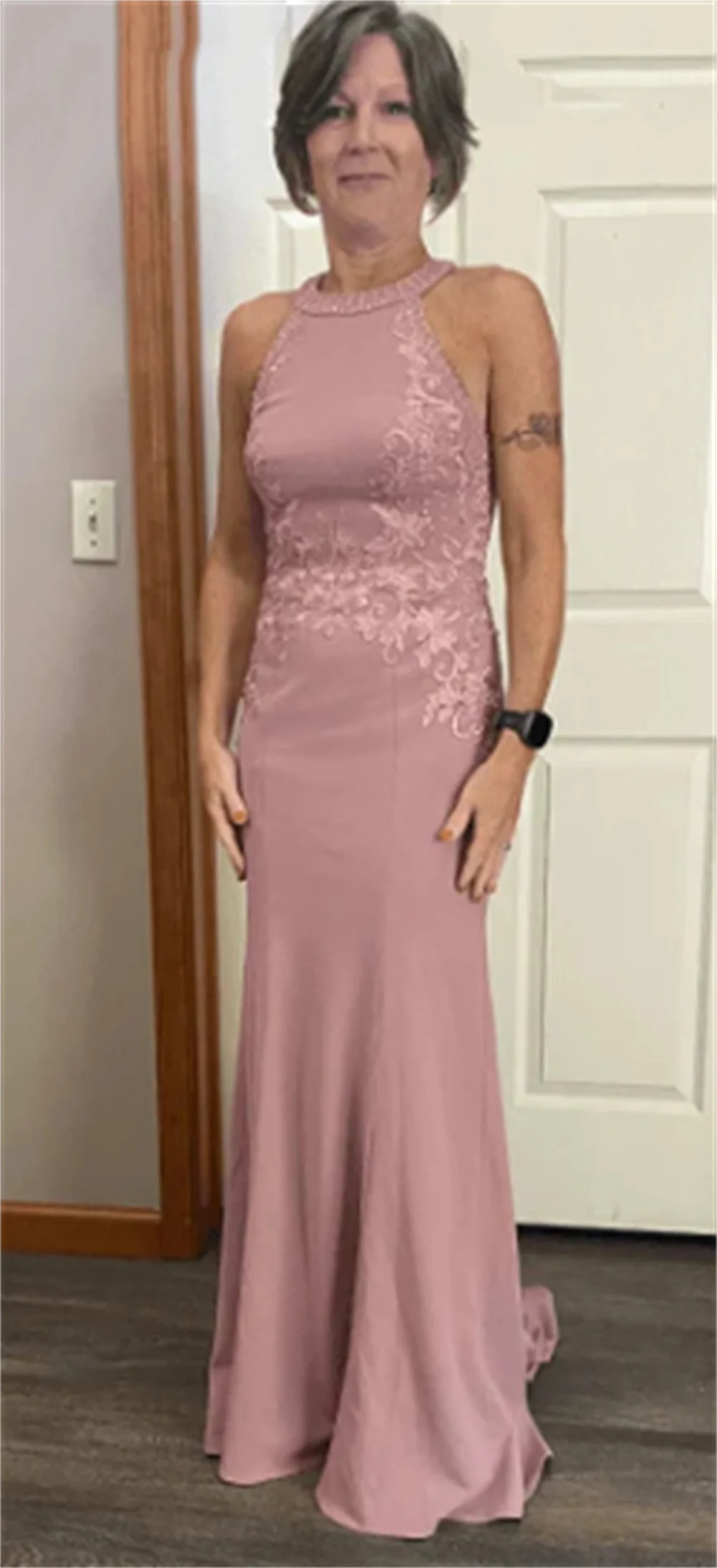 Vestidos largos de encaje azul personalizados para madre de la novia, vestidos de noche formales sin mangas con cuello Halter de sirena para boda