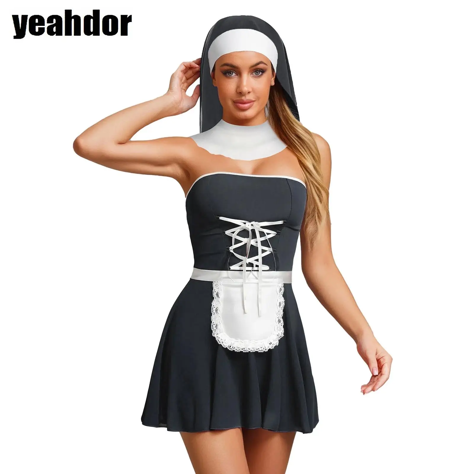 

Women Nun Maid Cosplay Costume Lingerie Set Strapless Mini Dress And T-back Thong Headwear Collar Apron Halloween Nun Outfits