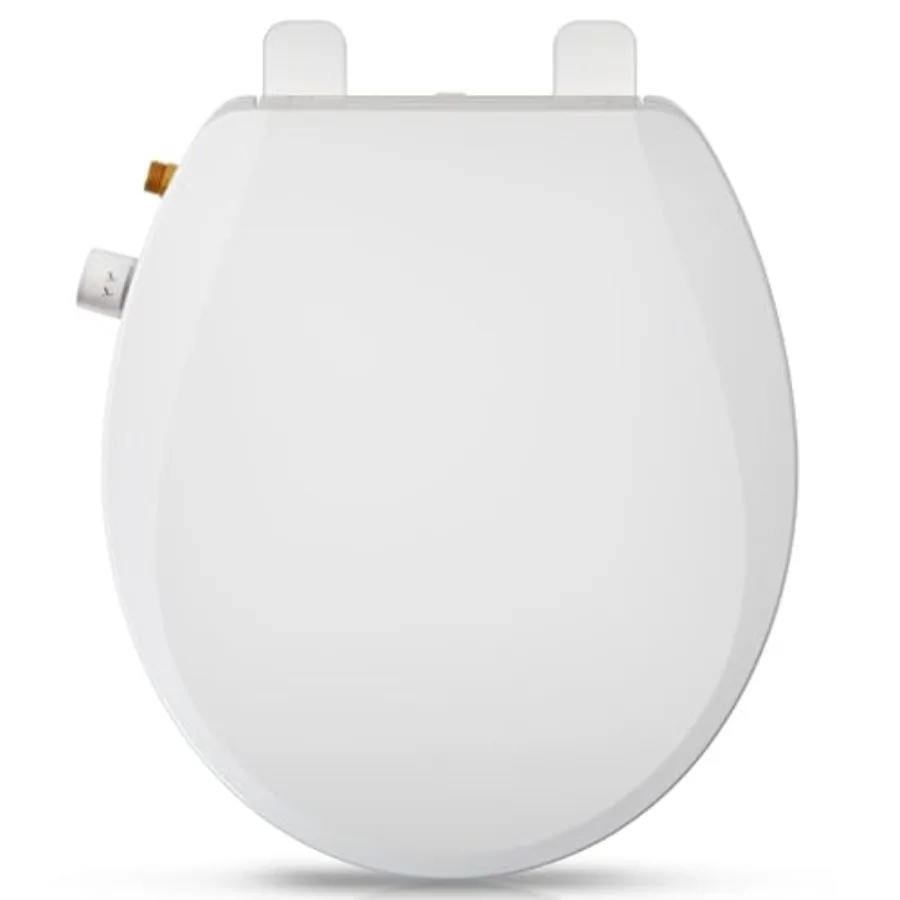 

Round bidet toilet seat for home bathroom use, ABS plastic, white, quiet-close lid and adjustable water pressure with brass inl