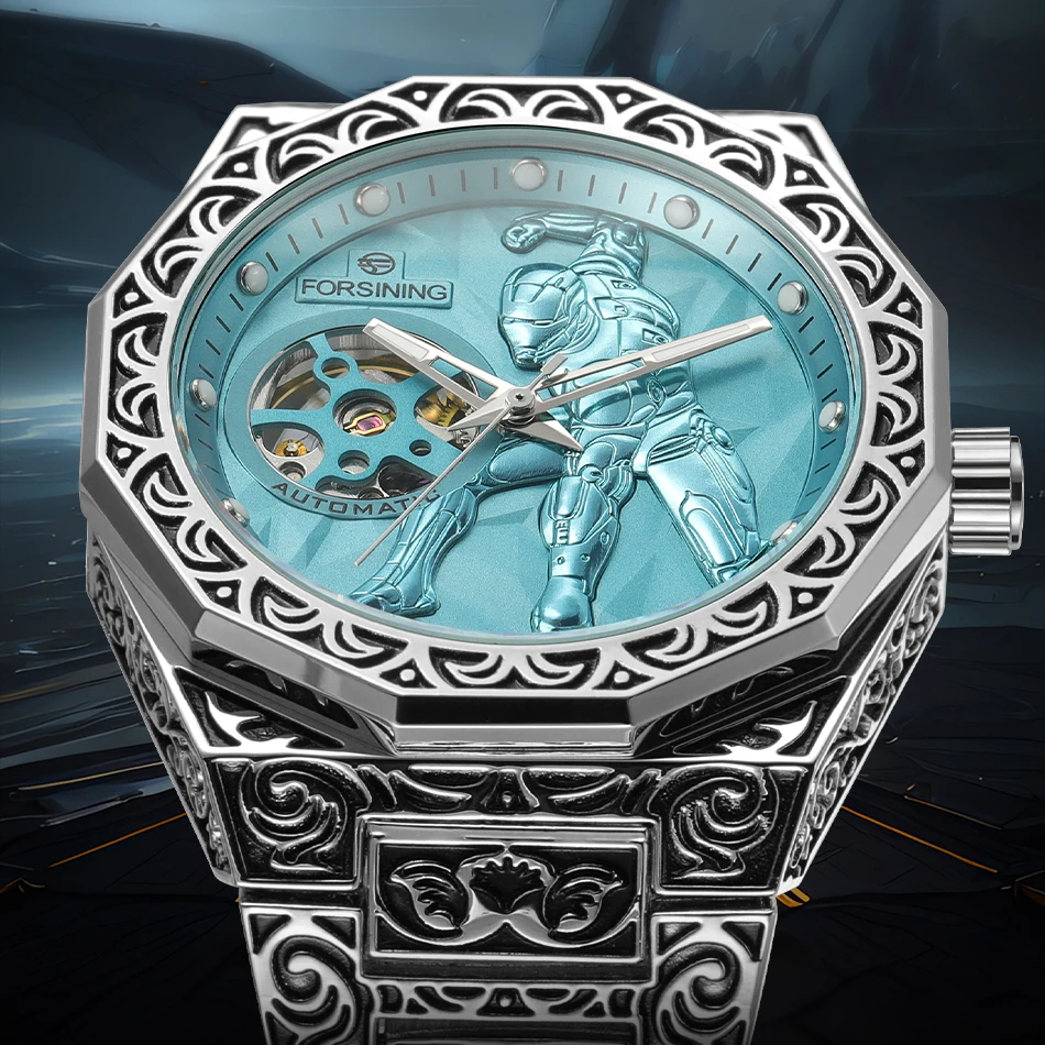 FORSINING Automatic Men Watch Skeleton Mechanical Retro Vintage Engraved Steel Strap Male Clock Luminous Dial Deployment Clasp
