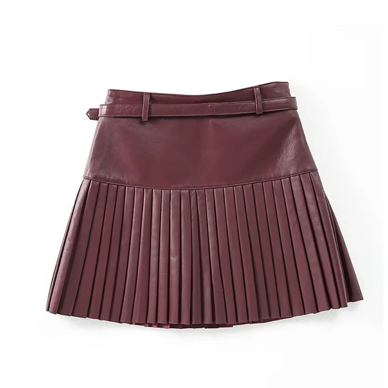 Mini Pleated Genuine Leather Skirt Women 2025 Spring Preppy Style High Waist Sashes Pleated Jupe Female Black/Wine red