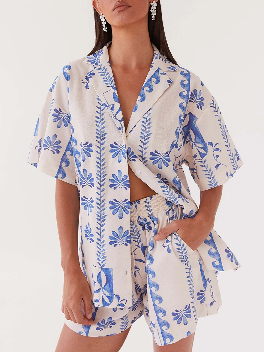 Printed Shirts Two Piece Pajama Set Women Short Sleeve Lapel Shirts High Waist Short Suit Home Wear Outfits Boho Beachwear