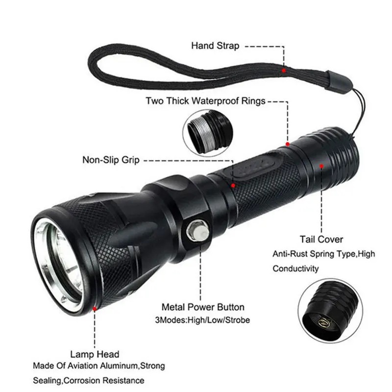 TopCom T6 L2 LED Diving Flashlight Powerful 10W Multimode LED Diving Light IP68 Waterproof Underwater Diving Torch Use18650