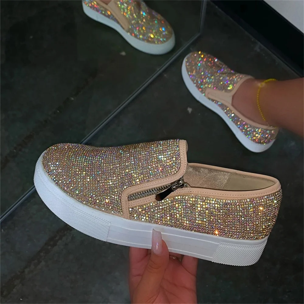 New Rhinestone Shoes Women 2024 All Season Daily Ladies Zipper Slip On Comfy Casual Sneakers Outdoor Running Walking Sport Flats