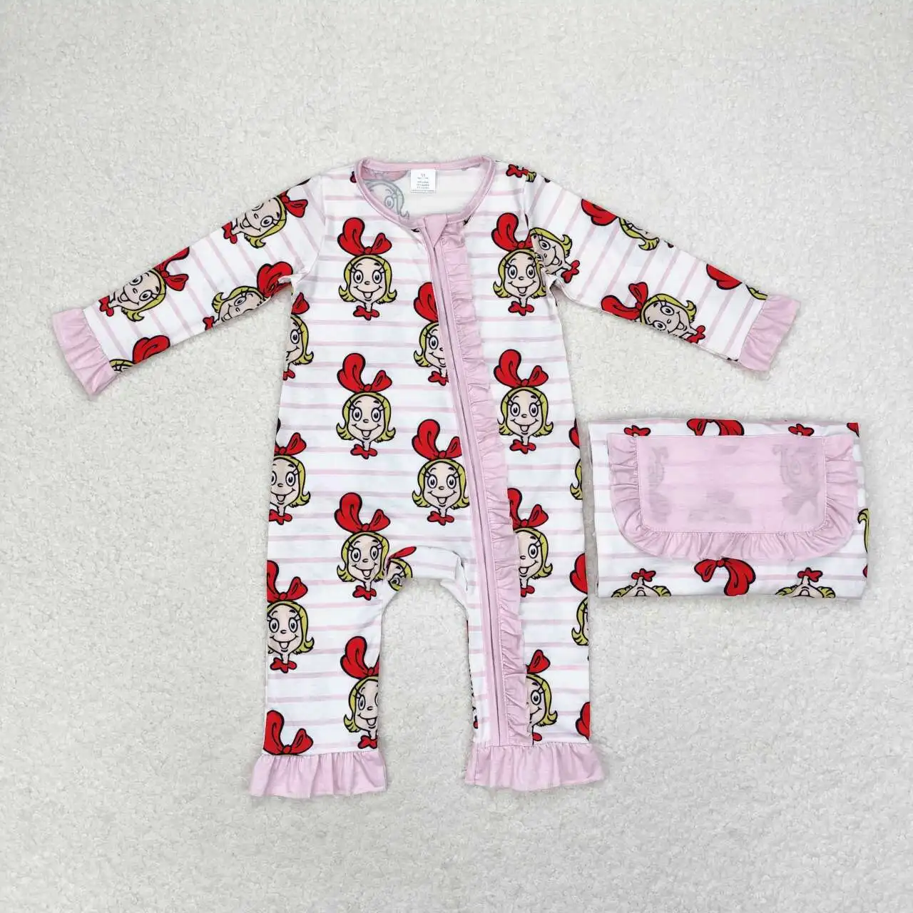 Match Fashion Baby Girls Bamboo Christmas Girls Pink Striped Lace Long Sleeve Long Pants Pajama Set Romper Wholesale Clothes