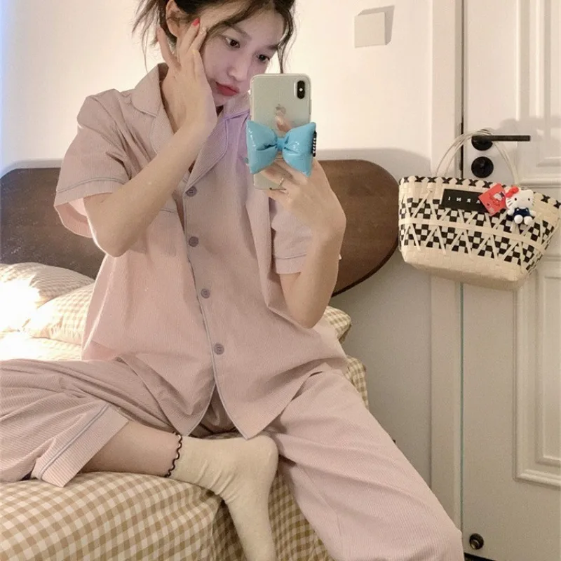 Pocket Women Pajamas Sets for Home Summer Ruffles Sleepwear Shorts Sleeve 2 Pieces Night Wears Button Korean Home Suit 2024 New