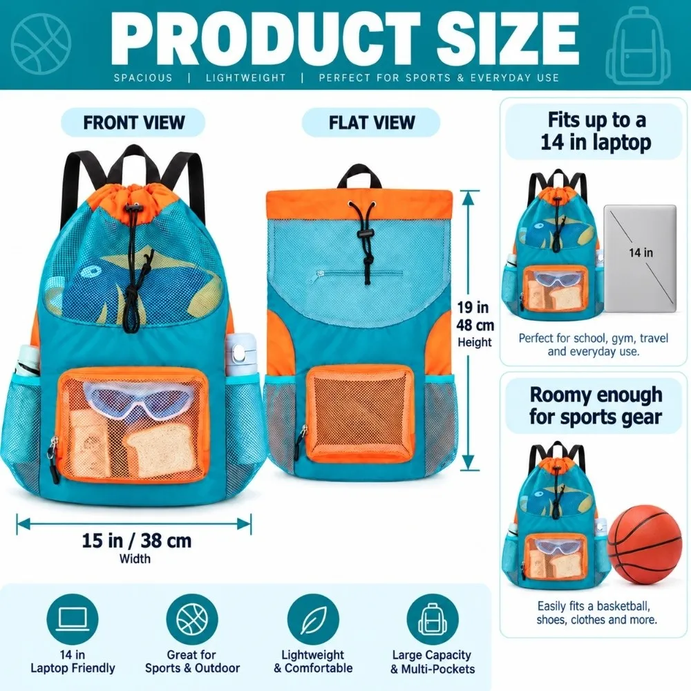 Breathable Mesh Kids Swim Backpack Drawstring Closure Quick Dry Drawstring Pool Sack Large Capacity Side Bottle Pockets