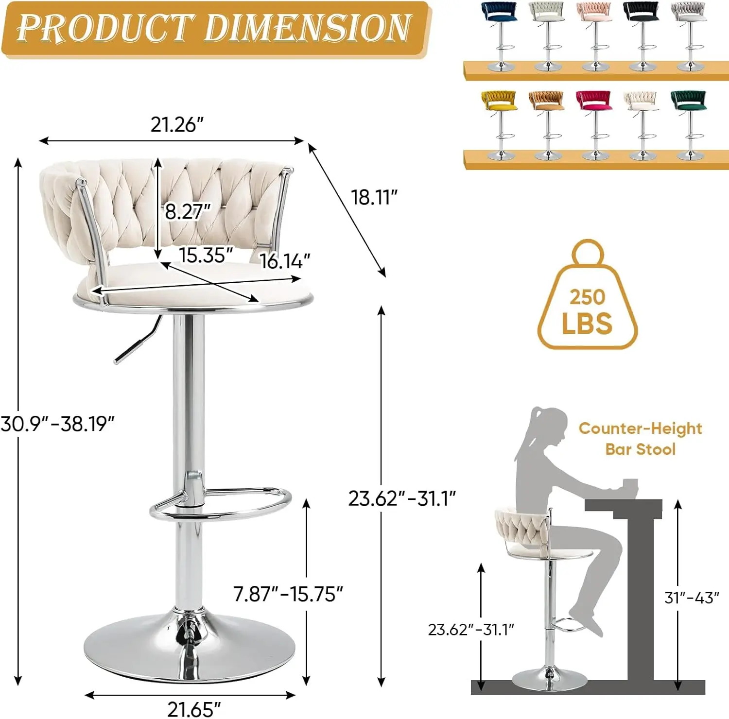 Juego de 4 taburetes de bar giratorios de terciopelo, taburetes de bar ajustables modernos con respaldo tejido, taburete de bar de altura de mostrador con patas plateadas, tapices