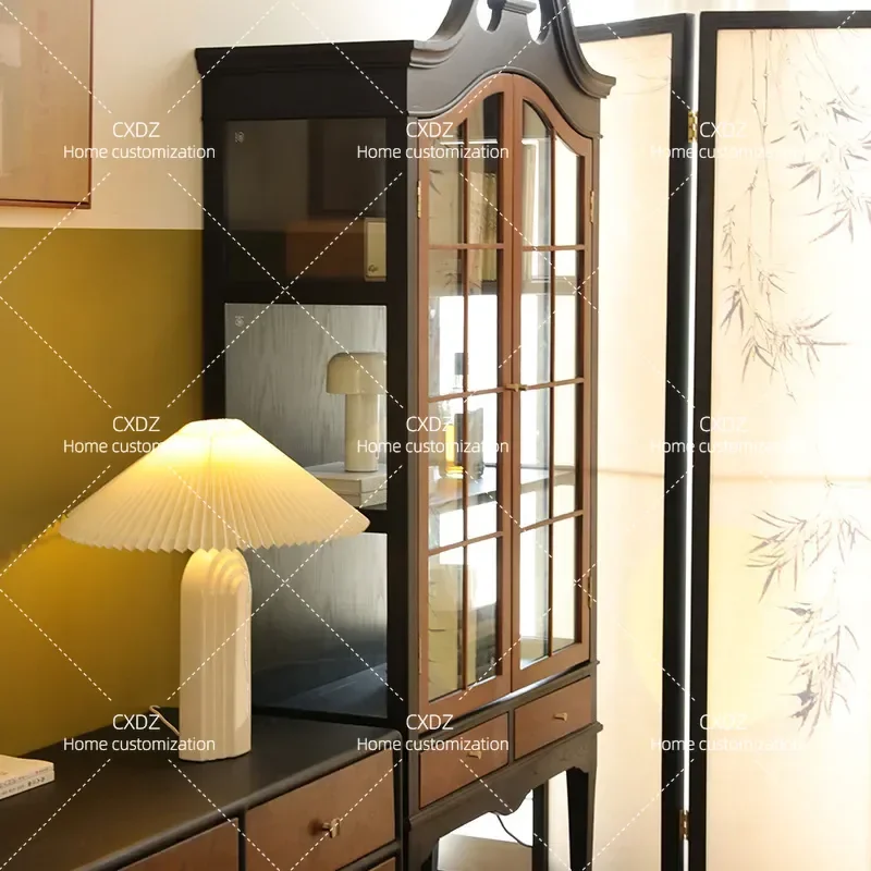 Solid Wood Dining Side Cabinet Wine Storage Locker with Glass Doors Retro Medieval Nanyang Style American Country Home