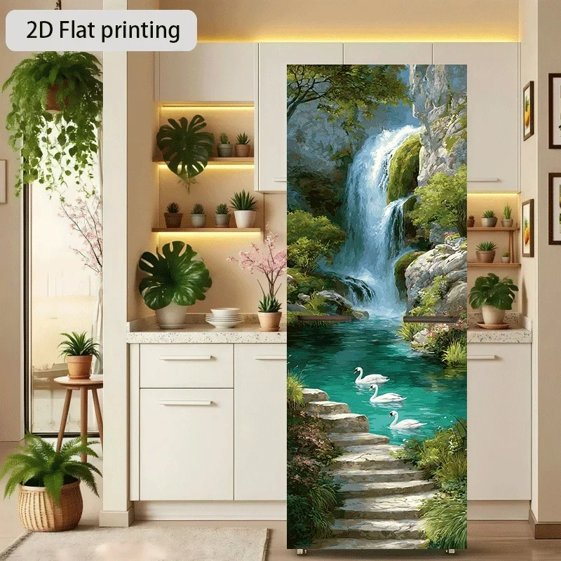 [2D Flat Printing] 1pc Refrigerator Sticker 60×180 Cm Swan Creek Waterfall Seclusion Theme Design Wall Sticker Decoration Wall