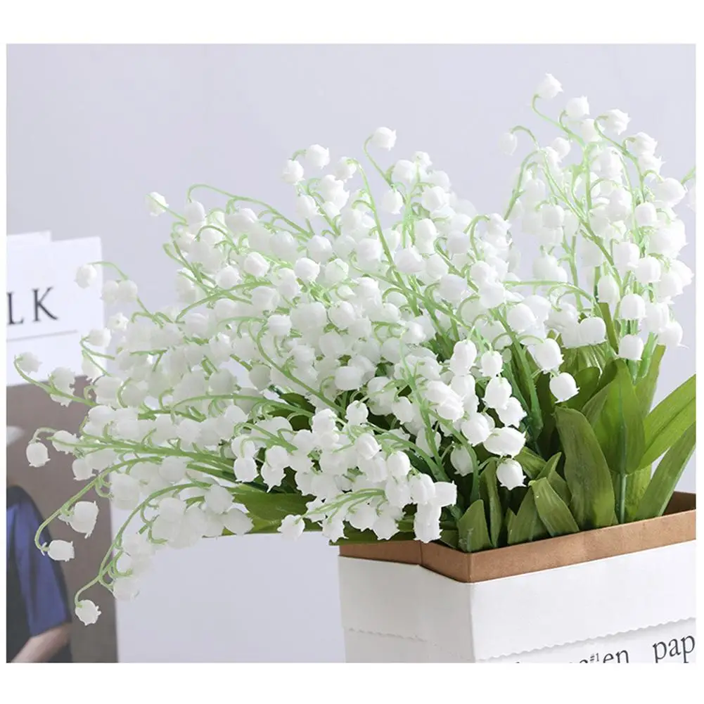 3ชิ้นดอกลิลลี่สีขาวของหุบเขาใบไม้ปลอมสีเขียวดอกไม้พลาสติกประดิษฐ์ช่อดอกไม้สดใสขนาดเล็กตกแต่งงานแต่งงานสวนในบ้าน