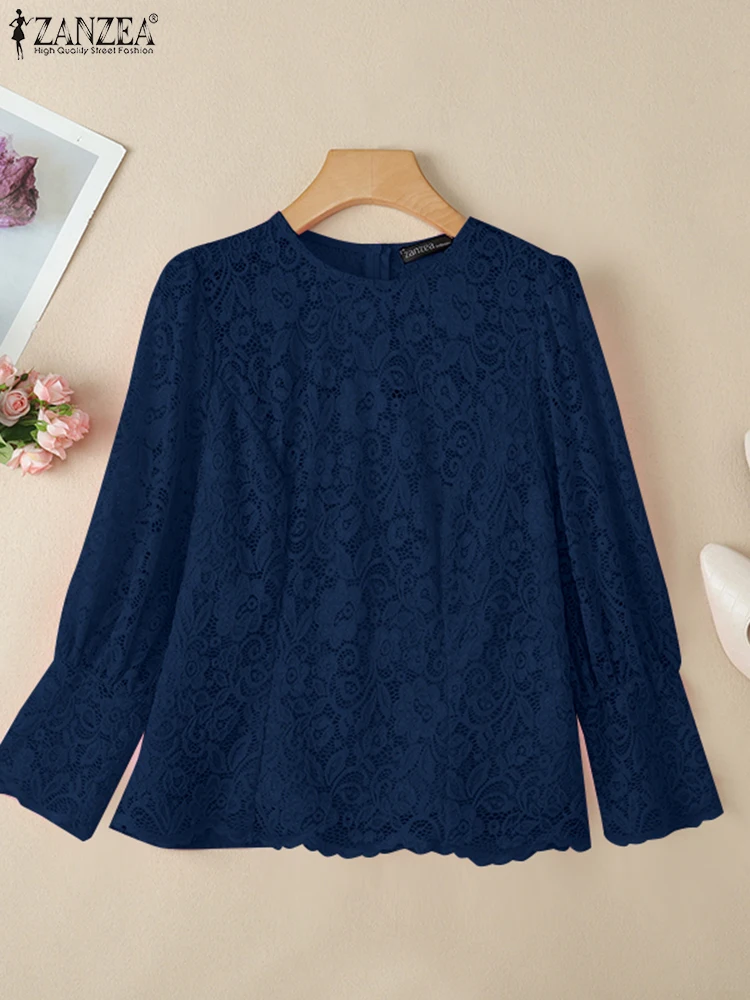 

ZANZEA, женская элегантная блузка, летние кружевные рубашки с пышными рукавами, модная повседневная свободная туника 2025, топы с круглым вырезом, офисные женские блузки