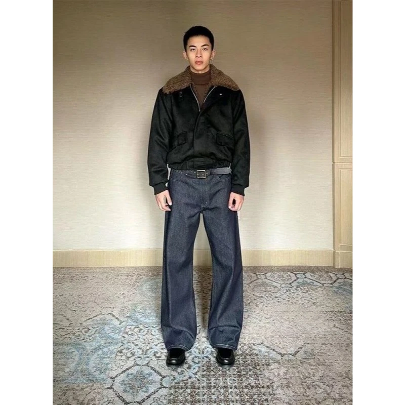 

Классические темно-синие потертые элитные весенне-осенние широкие джинсы длиной до пола в стиле ретро в американском стиле