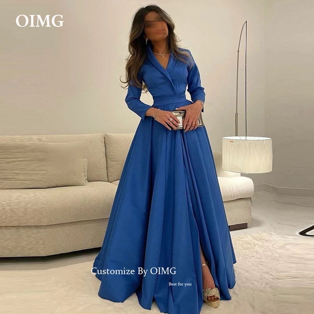 OIMG Vintage Azul Matte Vestidos de Noite Mangas Compridas Arábia Saudita Mulheres Formal Festa Ocasião Vestido Prom Vestido Split Personalizado