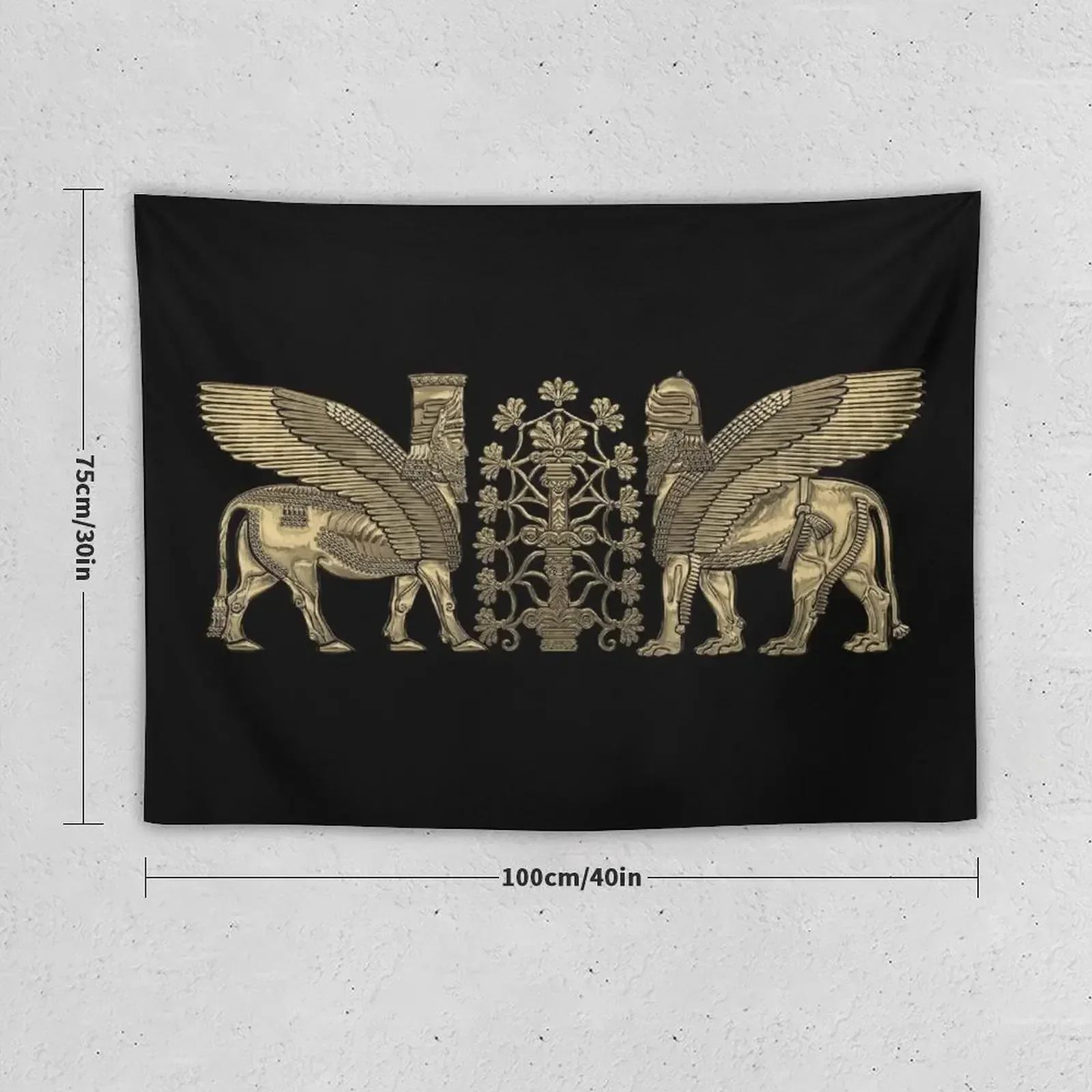 Gold Assyrian Winged Lion and Winged Bull - Lumasi with Tree of Life over Black Canvas Tapestry Decorations For Room Tapestry