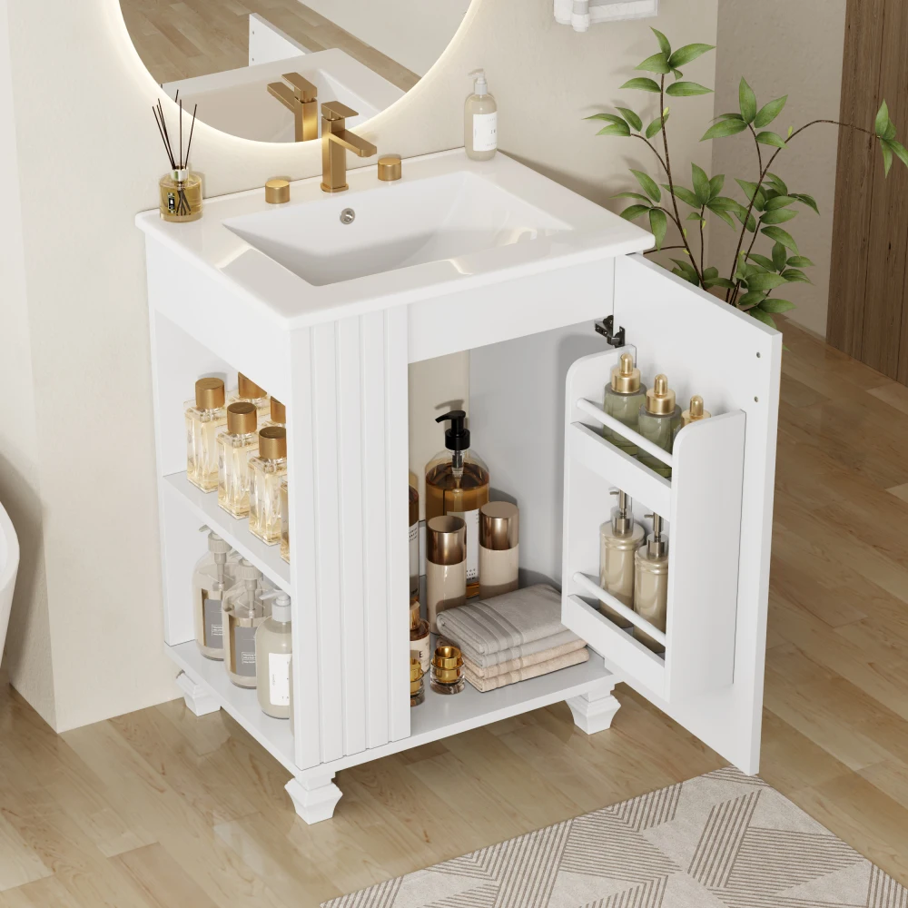 

24" Bathroom Vanity with Sink, Bathroom Cabinet with Door Shelf, Side Open Storage, Solid Wood Frame,Soft Closing Door, White