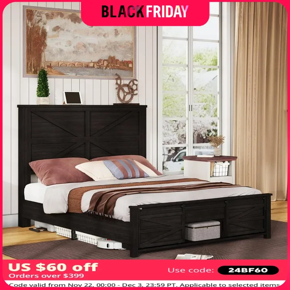 Full Wood Bed Frame with Sliding Barn Door Storage Cabinets & Headboard Solid Wood Slats Support No Squeak Bed Frame