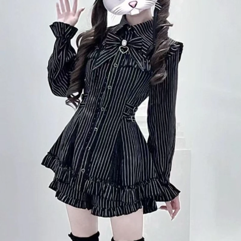 Japanese Dark Gothic Preppy Style Lolita 2 Piece Set Women Vintage Elegant Bow Ruffles Button Shirt Stripes Dresses Shorts Suit