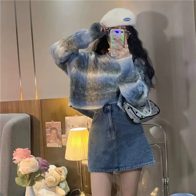 Autumn new lazy style knitted gradient pullover sweater for women