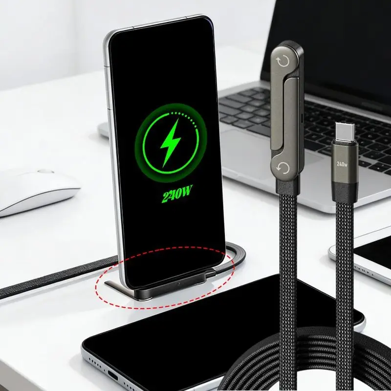 Câble de charge rapide USB Type C 240W avec support pliable 2-en-1, câble de données et support de téléphone USB C pour iPhone 17 16 15 Samsung