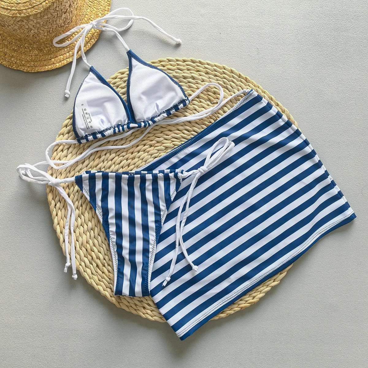 sexy blue striped micro mini string tie bikinis sets 3pcs with mini skirt swimsuit bathing suit beach outfits biquini tankini