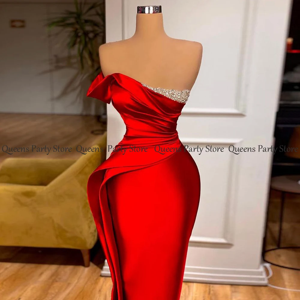 High Quality Red Prom Dress Sexy Sleeveless Beading Stones Ruched Pleat Dubai Mermaid Evening Gown Satin Party Dresses