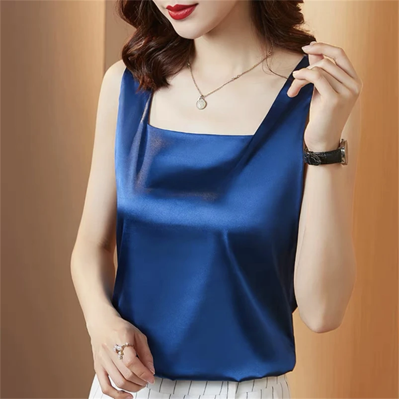 Spring Summer New Style Tank Tops Women Solid Satin Sleeveless Square Collar Loose T Shirt Ladies Vest Slim Clothes 10 Colors