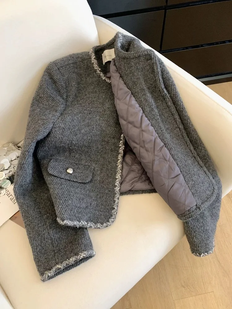 Gray Padded French Front Shoulder Celebrity Temperament Shor Fragrant Jacket Women's Sophistication Coats