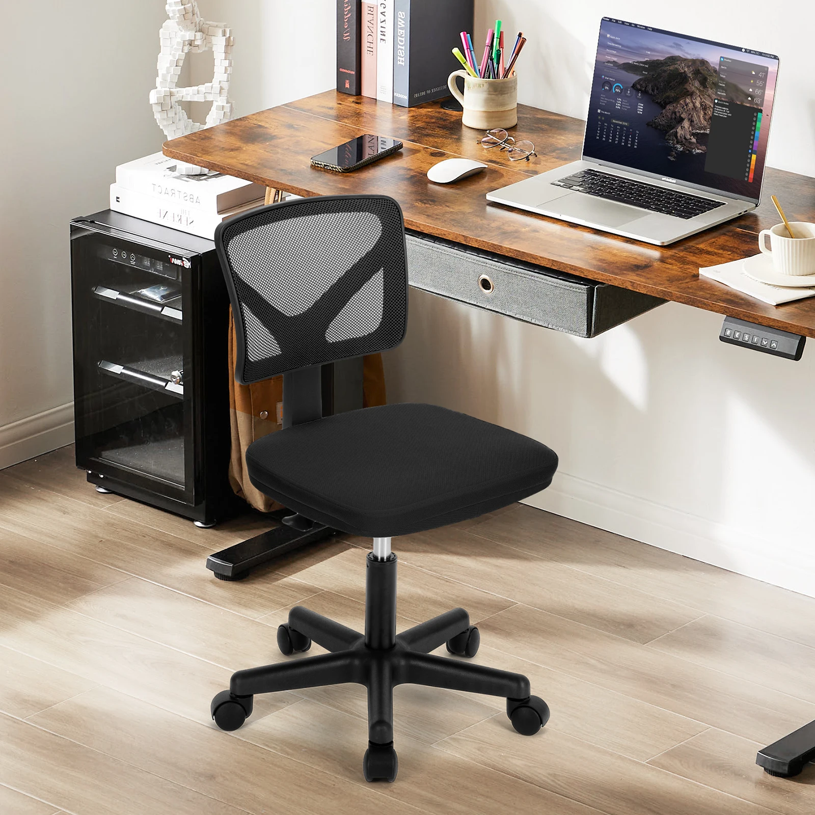 #¥JHK Mesh with Lumbar Support Armless Office Chair Low Back with Wheels Adjustable Height 360°