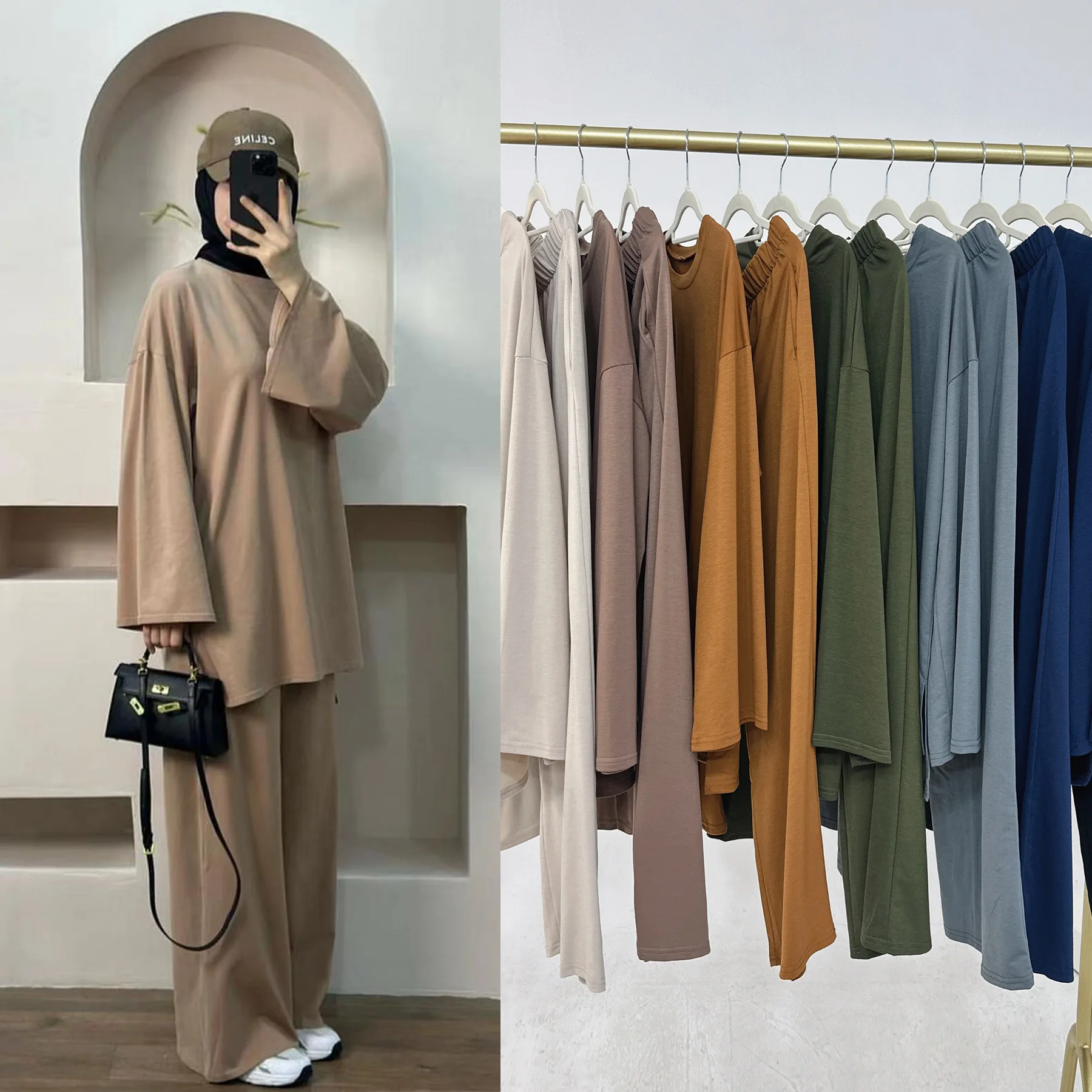 Eid Muslim Sets for Women Casual Solid Color Tops Pants 2 Piece Set Turket Outfits Dubai Blouse Trousers Musulmane Abaya Dress