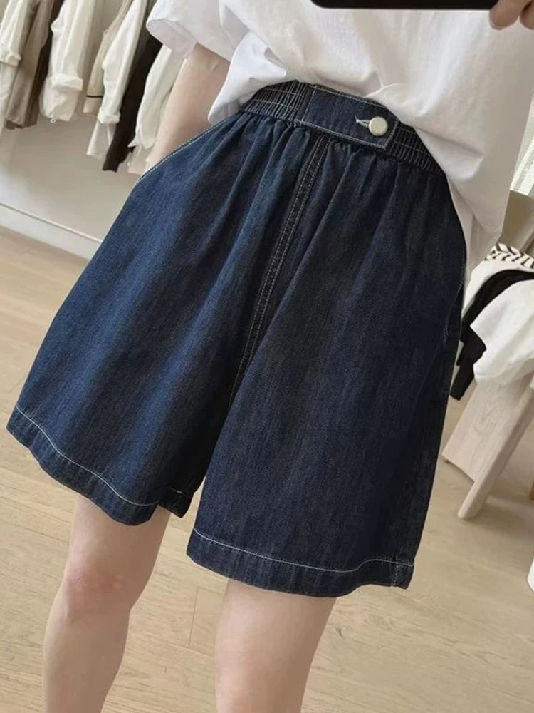 

Deep Blue High Waist Wide Leg Denim orts Women Summer plus Size Slimming Casual Versatile Five-Point Pants