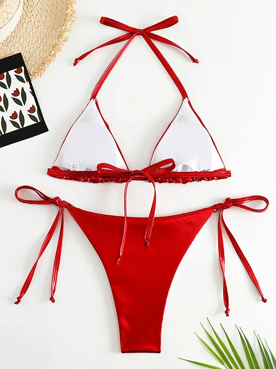 Sexy Metallic Halter Bikinis Sets Lace Up Triangle Tie Side Bikini 2024 Swimsuit Women Swimwear Brazilian Female Bathing Suits