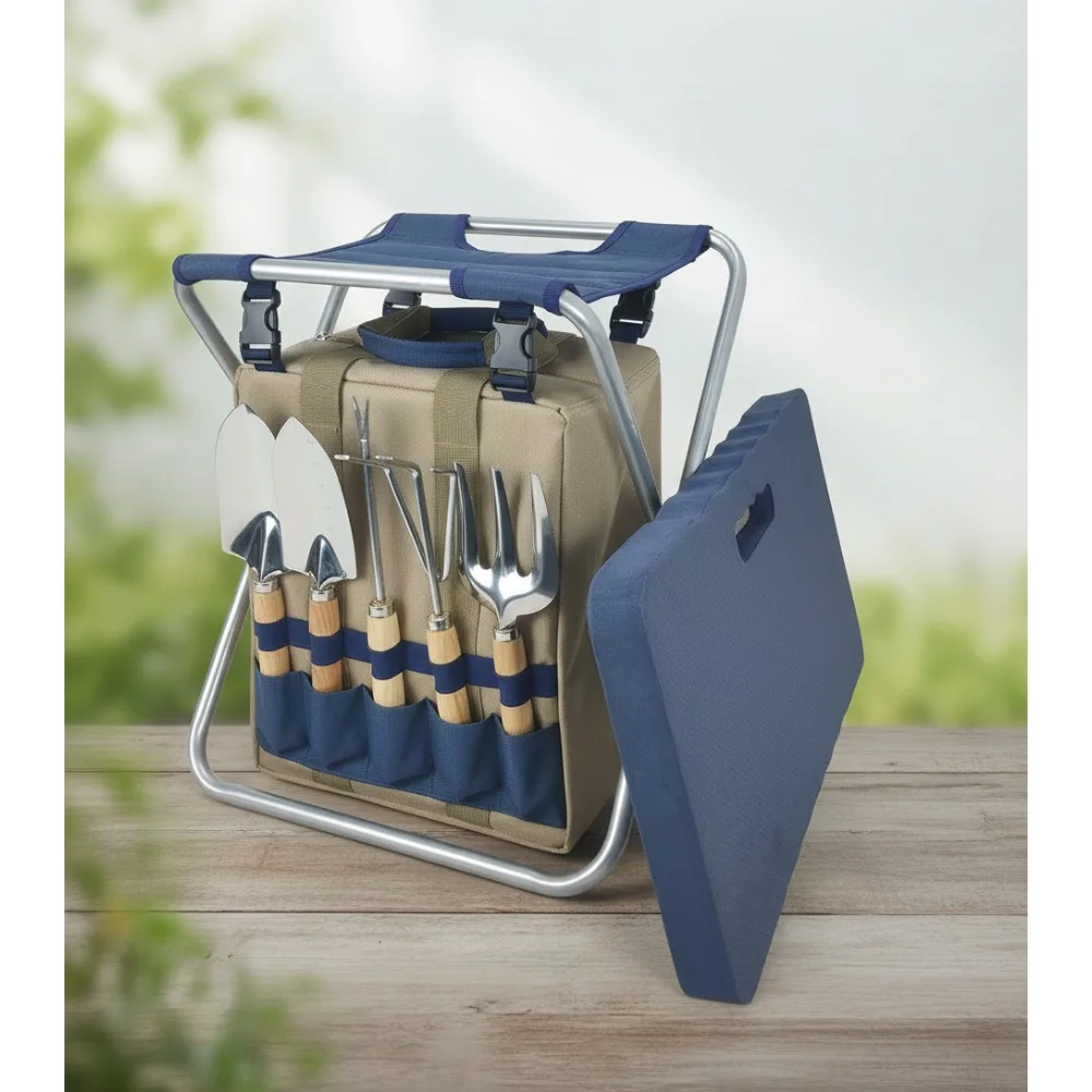 

Foldable Garden Stool with 5 Tools & Kneeler Pad - Ergonomic Gardening Seat for Mother's Day Father's Day Gift Navy Blue